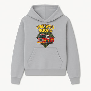 Wee Woo Squad Fire Truck Graphic Tee - Fun Firefighter Kids Shirt, Camouflage Background, Unique Design for Little Heroes - Hoodie 1757912442670.jpg