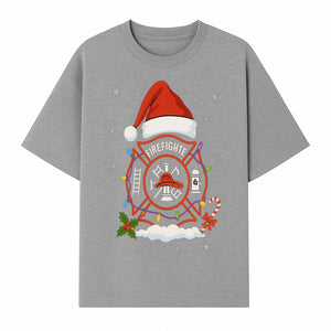 Firefighter Christmas Ornament with Santa Hat, Holiday Lights, & Candy Cane - Festive Decor for Firefighter Appreciation - T-shirt 1757912442672.jpg