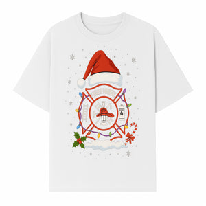 Firefighter Christmas Ornament with Santa Hat, Holiday Lights, & Candy Cane - Festive Decor for Firefighter Appreciation - T-shirt 1757912442839.jpg