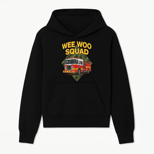 Wee Woo Squad Fire Truck Graphic Tee - Fun Firefighter Kids Shirt, Camouflage Background, Unique Design for Little Heroes - Hoodie 1757912442844.jpg