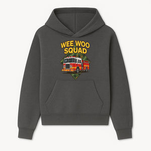 Wee Woo Squad Fire Truck Graphic Tee - Fun Firefighter Kids Shirt, Camouflage Background, Unique Design for Little Heroes - Hoodie 1757912443000.jpg