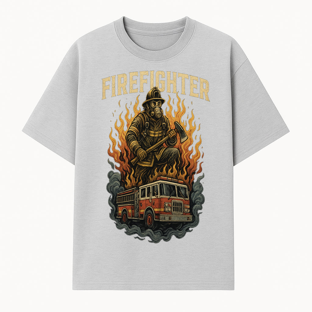 Firefighter Graphic Tee: Heroic Fireman with Axe and Fire Truck Design, Perfect for Firefighter Fans and Supporters - T-shirt 1757912443051.jpg