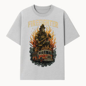 Firefighter Graphic Tee: Heroic Fireman with Axe and Fire Truck Design, Perfect for Firefighter Fans and Supporters - T-shirt 1757912443051.jpg