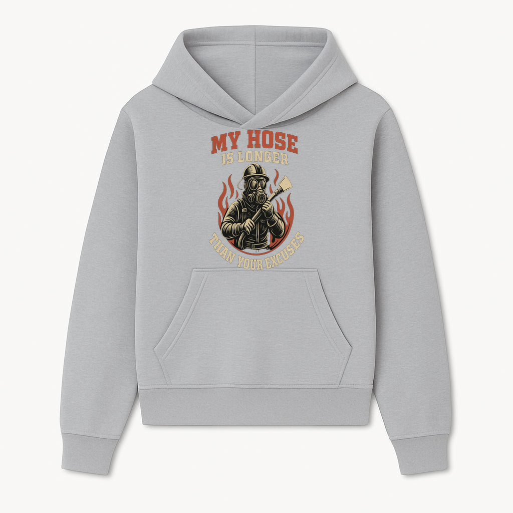 Firefighter Humor T-Shirt: 'My Hose is Longer Than Your Excuses' Vintage Design for Firefighting Enthusiasts - Hoodie 1757912443080.jpg