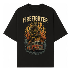 Firefighter Graphic Tee: Heroic Fireman with Axe and Fire Truck Design, Perfect for Firefighter Fans and Supporters - T-shirt 1757912443219.jpg