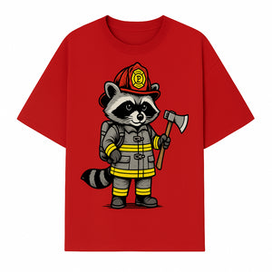 Cute Raccoon Firefighter Cartoon T-Shirt, Kids' Fireman Graphic Tee, Fire Safety Apparel, Animal Rescue, Gift for Boys and Girls - T-shirt 1757912443311.jpg