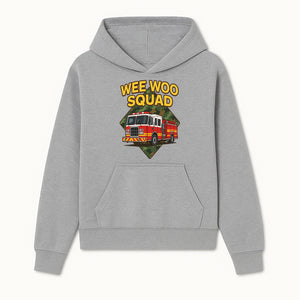 Wee Woo Squad Fire Truck Graphic Tee - Fun Firefighter Kids Shirt, Camouflage Background, Unique Design for Little Heroes - Hoodie 1757912443323.jpg