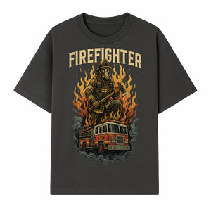 Firefighter Graphic Tee: Heroic Fireman with Axe and Fire Truck Design, Perfect for Firefighter Fans and Supporters - T-shirt 1757912443395.jpg