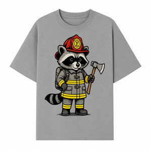 Cute Raccoon Firefighter Cartoon T-Shirt, Kids' Fireman Graphic Tee, Fire Safety Apparel, Animal Rescue, Gift for Boys and Girls - T-shirt 1757912443456.jpg