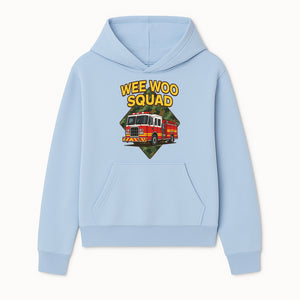 Wee Woo Squad Fire Truck Graphic Tee - Fun Firefighter Kids Shirt, Camouflage Background, Unique Design for Little Heroes - Hoodie 1757912443478.jpg