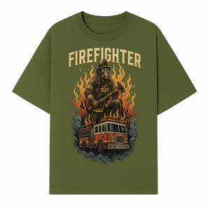 Firefighter Graphic Tee: Heroic Fireman with Axe and Fire Truck Design, Perfect for Firefighter Fans and Supporters - T-shirt 1757912443551.jpg