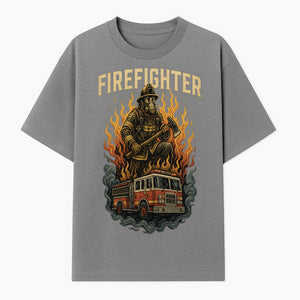 Firefighter Graphic Tee: Heroic Fireman with Axe and Fire Truck Design, Perfect for Firefighter Fans and Supporters - T-shirt 1757912443721.jpg