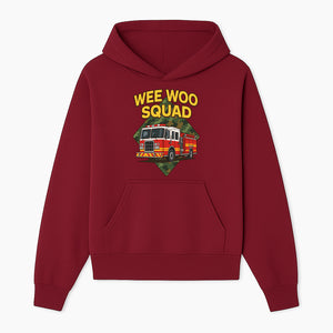 Wee Woo Squad Fire Truck Graphic Tee - Fun Firefighter Kids Shirt, Camouflage Background, Unique Design for Little Heroes - Hoodie 1757912443827.jpg