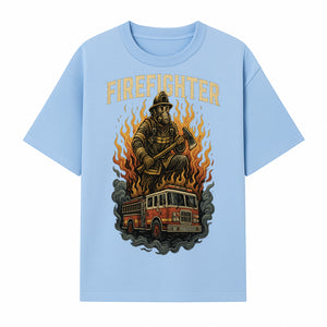 Firefighter Graphic Tee: Heroic Fireman with Axe and Fire Truck Design, Perfect for Firefighter Fans and Supporters - T-shirt 1757912443901.jpg
