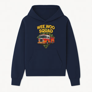 Wee Woo Squad Fire Truck Graphic Tee - Fun Firefighter Kids Shirt, Camouflage Background, Unique Design for Little Heroes - Hoodie 1757912443981.jpg