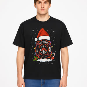 Firefighter Christmas Ornament with Santa Hat, Holiday Lights, & Candy Cane - Festive Decor for Firefighter Appreciation - T-shirt 1757912444001.jpg