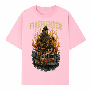 Firefighter Graphic Tee: Heroic Fireman with Axe and Fire Truck Design, Perfect for Firefighter Fans and Supporters - T-shirt 1757912444039.jpg