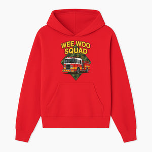 Wee Woo Squad Fire Truck Graphic Tee - Fun Firefighter Kids Shirt, Camouflage Background, Unique Design for Little Heroes - Hoodie 1757912444133.jpg
