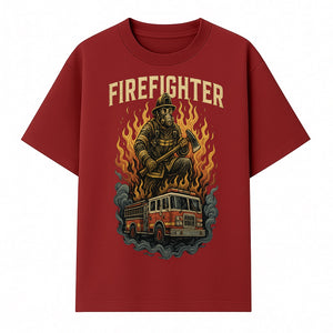 Firefighter Graphic Tee: Heroic Fireman with Axe and Fire Truck Design, Perfect for Firefighter Fans and Supporters - T-shirt 1757912444203.jpg