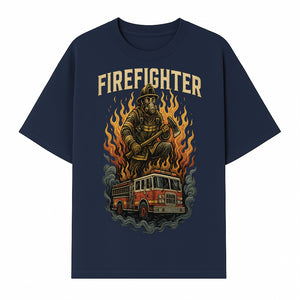 Firefighter Graphic Tee: Heroic Fireman with Axe and Fire Truck Design, Perfect for Firefighter Fans and Supporters - T-shirt 1757912444336.jpg
