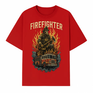 Firefighter Graphic Tee: Heroic Fireman with Axe and Fire Truck Design, Perfect for Firefighter Fans and Supporters - T-shirt 1757912444511.jpg