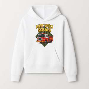 Wee Woo Squad Fire Truck Graphic Tee - Fun Firefighter Kids Shirt, Camouflage Background, Unique Design for Little Heroes - Hoodie 1757912444519.jpg
