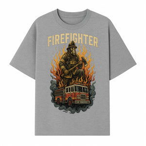 Firefighter Graphic Tee: Heroic Fireman with Axe and Fire Truck Design, Perfect for Firefighter Fans and Supporters - T-shirt 1757912444659.jpg