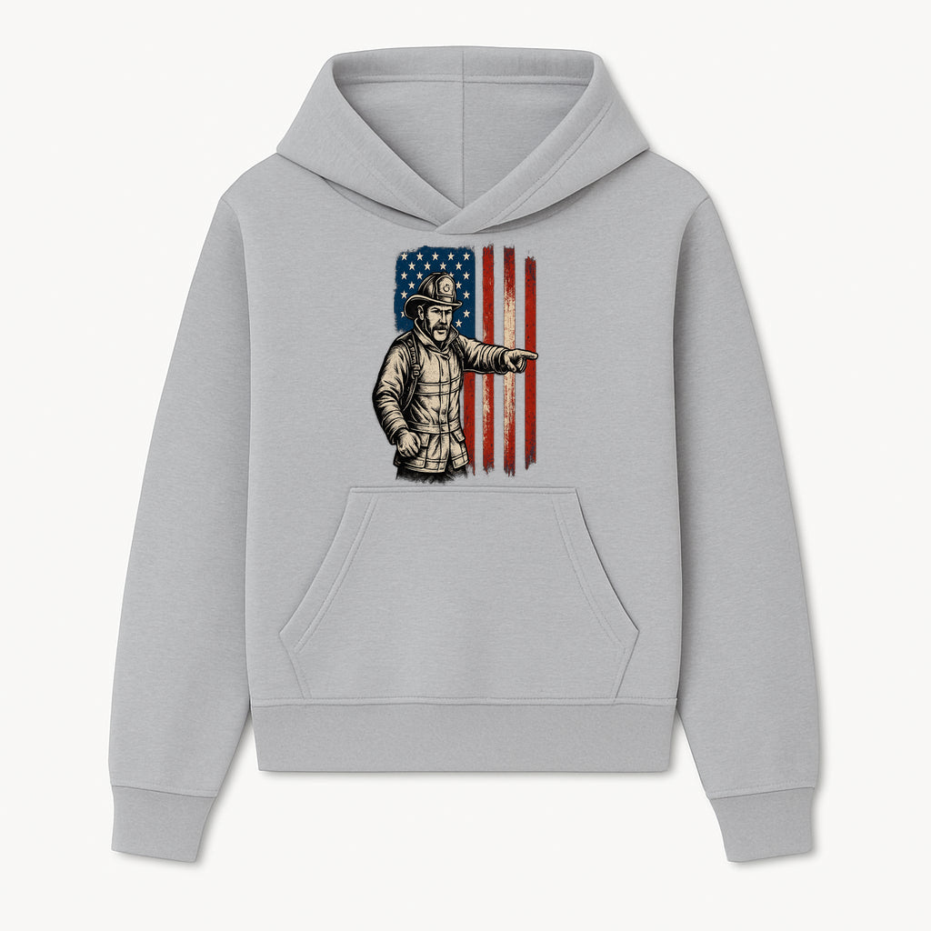 Vintage Firefighter with American Flag Graphic T-Shirt | Patriotic Fireman Apparel | Fire Rescue Lover Gift - Hoodie 1757912444983.jpg