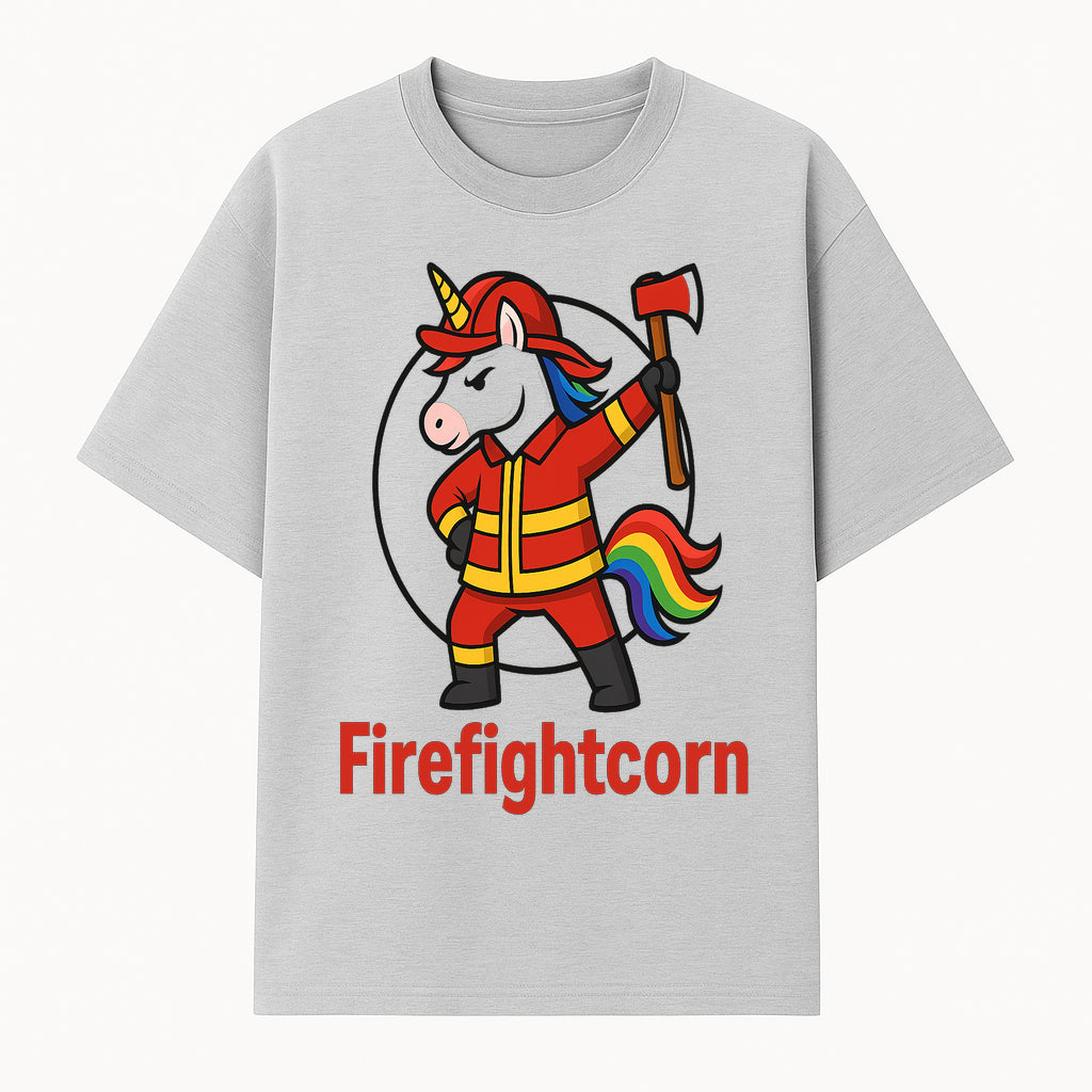 Firefightcorn Unicorn Hero T-Shirt | Cute Firefighter Graphic Tee | Rainbow Mane Casual Wear for Kids & Adults - T-shirt 1757912445391.jpg