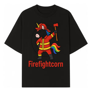 Firefightcorn Unicorn Hero T-Shirt | Cute Firefighter Graphic Tee | Rainbow Mane Casual Wear for Kids & Adults - T-shirt 1757912445536.jpg