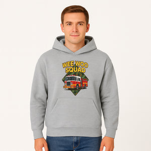 Wee Woo Squad Fire Truck Graphic Tee - Fun Firefighter Kids Shirt, Camouflage Background, Unique Design for Little Heroes - Hoodie 1757912445669.jpg