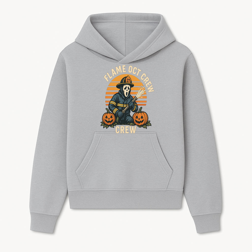 Flame October Crew Graphic Tee - Halloween Firefighter Design with Pumpkins and Ghost Mask for Spooky Season Fun - Hoodie 1757912445680.jpg
