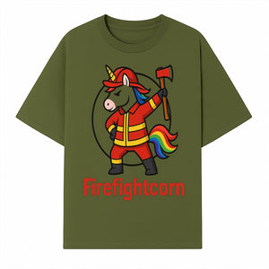 Firefightcorn Unicorn Hero T-Shirt | Cute Firefighter Graphic Tee | Rainbow Mane Casual Wear for Kids & Adults - T-shirt 1757912445868.jpg