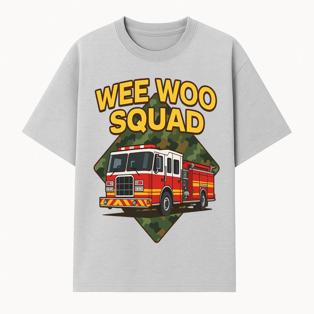Wee Woo Squad Fire Truck Graphic Tee - Fun Firefighter Kids Shirt, Camouflage Background, Unique Design for Little Heroes - T-shirt 1757912445978.jpg