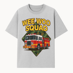 Wee Woo Squad Fire Truck Graphic Tee - Fun Firefighter Kids Shirt, Camouflage Background, Unique Design for Little Heroes - T-shirt 1757912445978.jpg