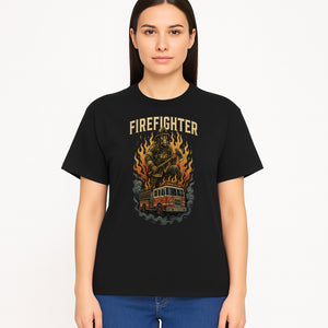 Firefighter Graphic Tee: Heroic Fireman with Axe and Fire Truck Design, Perfect for Firefighter Fans and Supporters - T-shirt 1757912446111.jpg