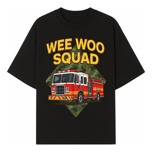 Wee Woo Squad Fire Truck Graphic Tee - Fun Firefighter Kids Shirt, Camouflage Background, Unique Design for Little Heroes - T-shirt 1757912446164.jpg