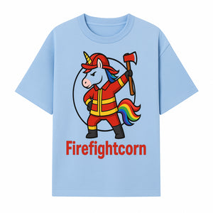 Firefightcorn Unicorn Hero T-Shirt | Cute Firefighter Graphic Tee | Rainbow Mane Casual Wear for Kids & Adults - T-shirt 1757912446238.jpg