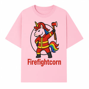 Firefightcorn Unicorn Hero T-Shirt | Cute Firefighter Graphic Tee | Rainbow Mane Casual Wear for Kids & Adults - T-shirt 1757912446368.jpg
