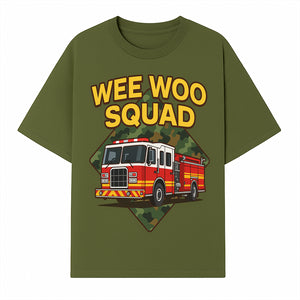 Wee Woo Squad Fire Truck Graphic Tee - Fun Firefighter Kids Shirt, Camouflage Background, Unique Design for Little Heroes - T-shirt 1757912446494.jpg