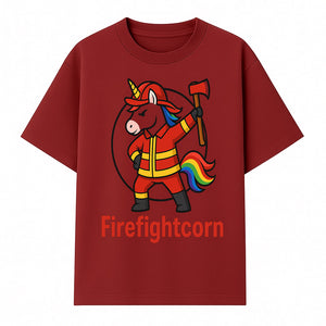 Firefightcorn Unicorn Hero T-Shirt | Cute Firefighter Graphic Tee | Rainbow Mane Casual Wear for Kids & Adults - T-shirt 1757912446528.jpg