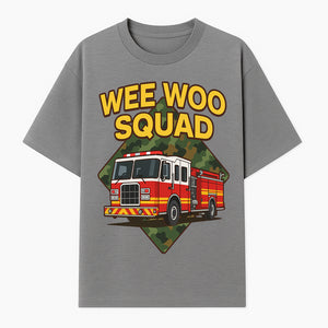 Wee Woo Squad Fire Truck Graphic Tee - Fun Firefighter Kids Shirt, Camouflage Background, Unique Design for Little Heroes - T-shirt 1757912446639.jpg