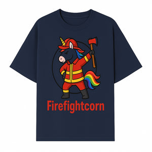 Firefightcorn Unicorn Hero T-Shirt | Cute Firefighter Graphic Tee | Rainbow Mane Casual Wear for Kids & Adults - T-shirt 1757912446675.jpg