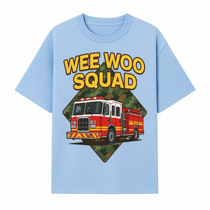 Wee Woo Squad Fire Truck Graphic Tee - Fun Firefighter Kids Shirt, Camouflage Background, Unique Design for Little Heroes - T-shirt 1757912446783.jpg
