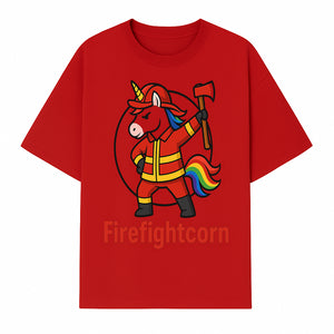 Firefightcorn Unicorn Hero T-Shirt | Cute Firefighter Graphic Tee | Rainbow Mane Casual Wear for Kids & Adults - T-shirt 1757912446832.jpg