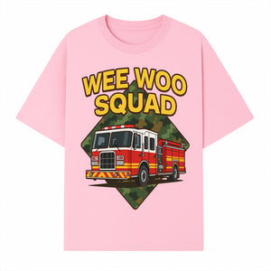 Wee Woo Squad Fire Truck Graphic Tee - Fun Firefighter Kids Shirt, Camouflage Background, Unique Design for Little Heroes - T-shirt 1757912446931.jpg