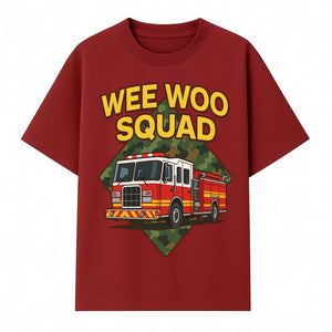 Wee Woo Squad Fire Truck Graphic Tee - Fun Firefighter Kids Shirt, Camouflage Background, Unique Design for Little Heroes - T-shirt 1757912447083.jpg