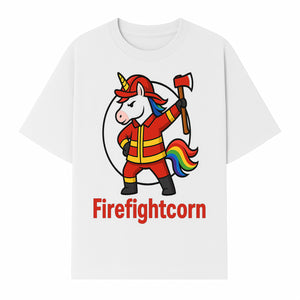 Firefightcorn Unicorn Hero T-Shirt | Cute Firefighter Graphic Tee | Rainbow Mane Casual Wear for Kids & Adults - T-shirt 1757912447143.jpg