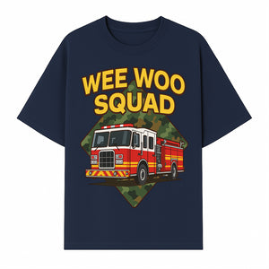 Wee Woo Squad Fire Truck Graphic Tee - Fun Firefighter Kids Shirt, Camouflage Background, Unique Design for Little Heroes - T-shirt 1757912447224.jpg