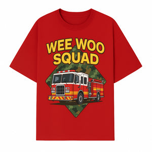 Wee Woo Squad Fire Truck Graphic Tee - Fun Firefighter Kids Shirt, Camouflage Background, Unique Design for Little Heroes - T-shirt 1757912447401.jpg